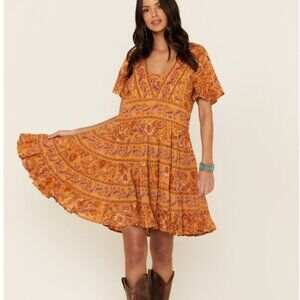 Patrons of Peace Toluca Border V-neck Boho Print Mini Dress Orange Yellow Size M